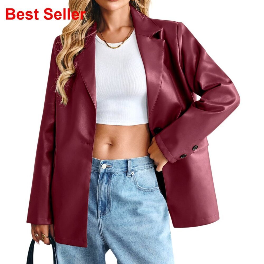 Faux Leather Blazer Oversized Bomber Jacket with Pockets